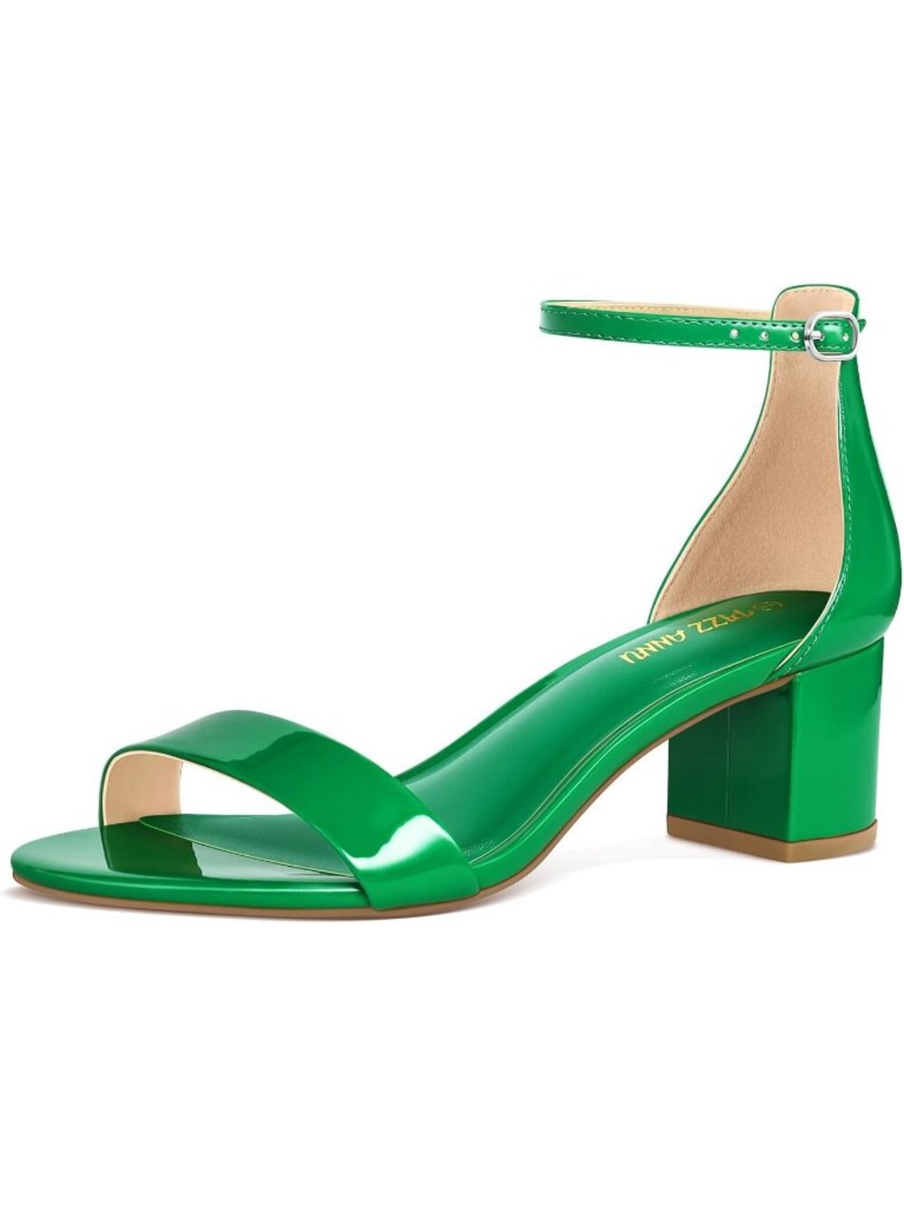 Women's Kelly Green Patent Low Block Chunky Heel Open Toe Ankle Strap Pump Shoes